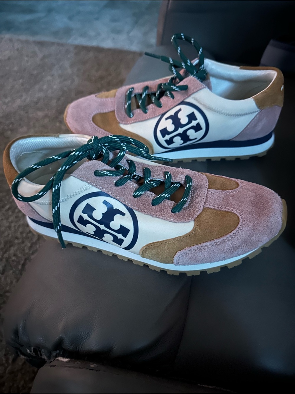 Tory Burch Pink, Tan & White Suede Runner Sneakers Size 7.5.